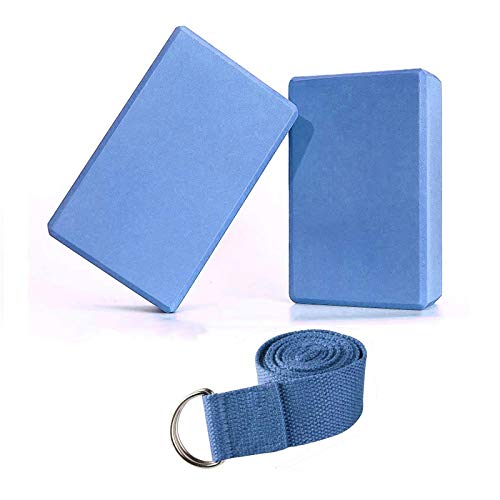 Abree 2pcs Bloques de Yoga+Correa - Bloque de Espuma EVA de Alta Densidad para Hacer Ejercicios en Casa-Set de Yoga para Mejorar Fuerza y Flexibilidad Yoga/Pilates Amantes (Azul)