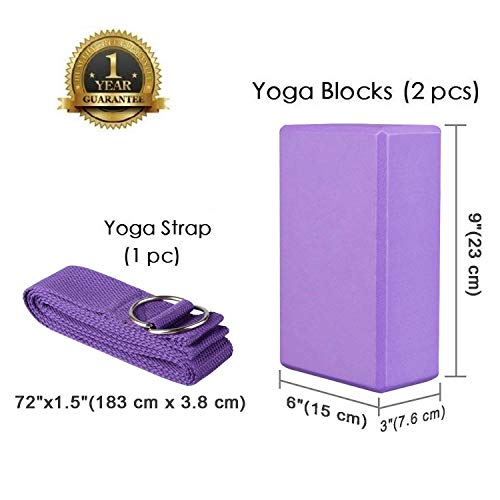 Abree 2pcs Bloques de Yoga+Correa - Bloque de Espuma EVA de Alta Densidad para Hacer Ejercicios en Casa-Set de Yoga para Mejorar Fuerza y Flexibilidad Yoga/Pilates Amantes (Violeta)