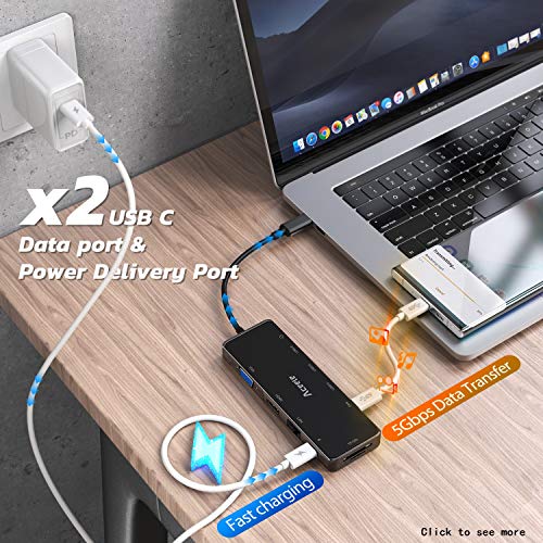 Aceele Hub USB C 11-en-1, Hub Tipo C con 4K HDMI y VGA, Puertos USB 3.0, 2 USB 2.0, 2 USB C (Datos & PD), RJ45 gigabytes Ethernet, Audio, SD&TF para Macbook Pro 2018/2019, Galaxy S10, etc.