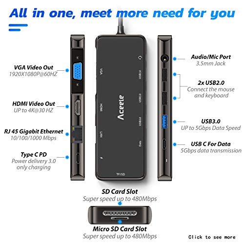 Aceele Hub USB C 11-en-1, Hub Tipo C con 4K HDMI y VGA, Puertos USB 3.0, 2 USB 2.0, 2 USB C (Datos & PD), RJ45 gigabytes Ethernet, Audio, SD&TF para Macbook Pro 2018/2019, Galaxy S10, etc.