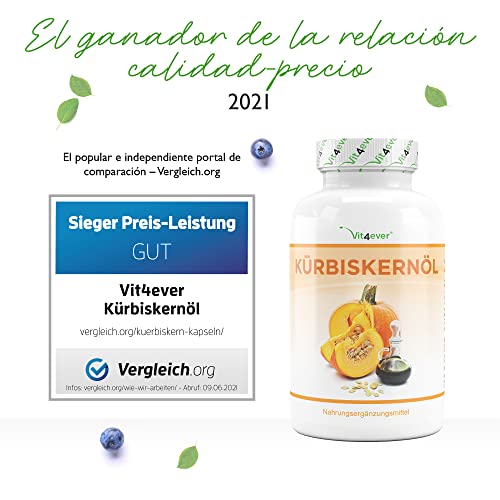 Aceite de semillas de calabaza - 420 cápsulas - 3000 mg por porción diaria - Con vitamina E natural - Altamente dosificado - Natural y prensado en frío