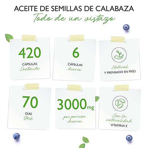 Aceite de semillas de calabaza - 420 cápsulas - 3000 mg por porción diaria - Con vitamina E natural - Altamente dosificado - Natural y prensado en frío