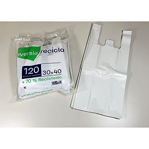 ACESA - Bolsa de Plástico + 70% reciclado Tipo Camiseta Resistentes con Asas. 70% recicladas y Reutilizables, 50 micras Aptas para Uso Alimentario 120 unidades. (30x40, blanco)