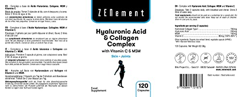 Ácido Hialurónico y Colágeno Complex con MSM y Vitamina C, 120 cápsulas, para combatir los efectos de la edad y tener una piel y articulaciones fuertes y saludables, No GMO, 100% Natural