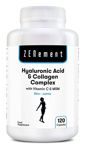 Ácido Hialurónico y Colágeno Complex con MSM y Vitamina C, 120 cápsulas, para combatir los efectos de la edad y tener una piel y articulaciones fuertes y saludables, No GMO, 100% Natural