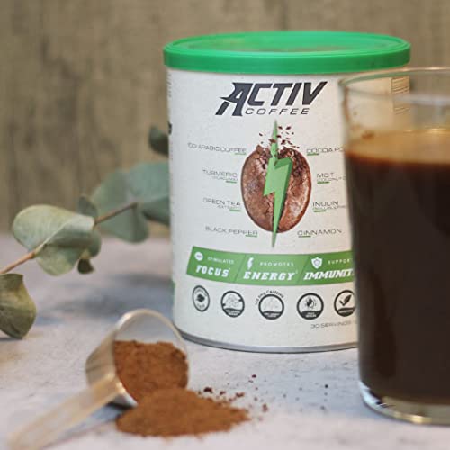 ACTIV COFFEE 225g, 30 servicios - Mezcla de Café Soluble Arábico, Aceite MCT, Cúrcuma, Té Verde, Cacao en Polvo, Inulina, Canela, Pimienta Negra, Vitamina C. Apto para deportistas y personas activas.