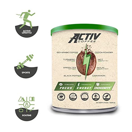 ACTIV COFFEE 225g, 30 servicios - Mezcla de Café Soluble Arábico, Aceite MCT, Cúrcuma, Té Verde, Cacao en Polvo, Inulina, Canela, Pimienta Negra, Vitamina C. Apto para deportistas y personas activas.