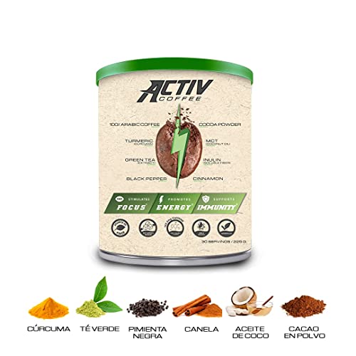 ACTIV COFFEE 225g, 30 servicios - Mezcla de Café Soluble Arábico, Aceite MCT, Cúrcuma, Té Verde, Cacao en Polvo, Inulina, Canela, Pimienta Negra, Vitamina C. Apto para deportistas y personas activas.