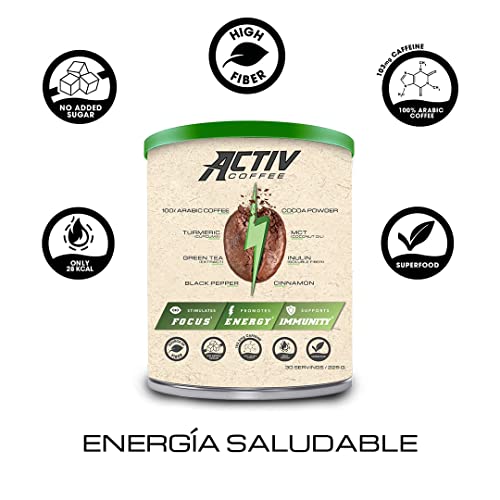 ACTIV COFFEE 225g, 30 servicios - Mezcla de Café Soluble Arábico, Aceite MCT, Cúrcuma, Té Verde, Cacao en Polvo, Inulina, Canela, Pimienta Negra, Vitamina C. Apto para deportistas y personas activas.