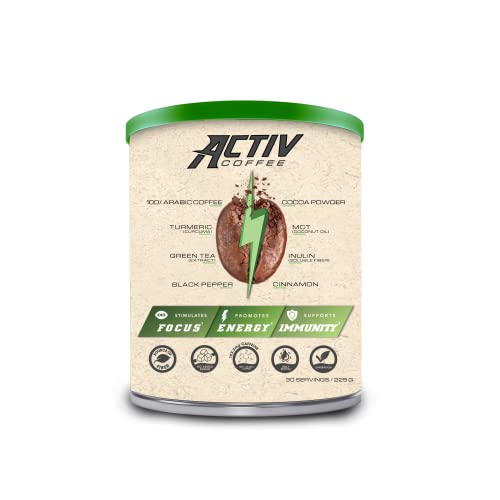 ACTIV COFFEE 225g, 30 servicios - Mezcla de Café Soluble Arábico, Aceite MCT, Cúrcuma, Té Verde, Cacao en Polvo, Inulina, Canela, Pimienta Negra, Vitamina C. Apto para deportistas y personas activas.