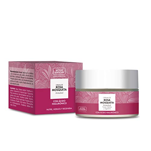 Active Sensory Crema de Rosa Mosqueta - Crema Facial con Aceite de Rosa Mosqueta y Ácido Hialurónico y Aloe Vera para Nutrir la Piel, Reforzar la Elasticidad y Prevenir la Aparición de Manchas - 50 ml