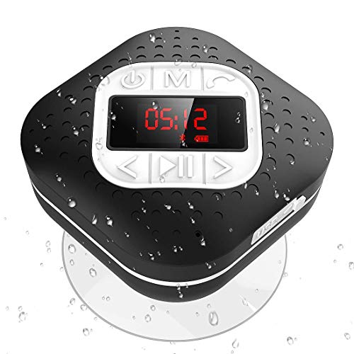 AGPTEK Altavoz Bluetooth Portátil para Ducha Impermeable, Altavoces Inalámbrico con Pantalla, Radio FM, Manos Libre, Microfono, Reloj, Negro