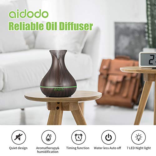 Aidodo 400ml Humidificador Ultrasónico Aromaterapia，Difusor de Aroma Aceites Esenciales de Vapor Frío, 4 Ajustes de Tiempo,7-Color LED Ajuste de Vapor fuerte y débil,Auto-Apaga,bastante silencioso