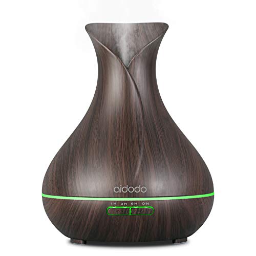 Aidodo 400ml Humidificador Ultrasónico Aromaterapia，Difusor de Aroma Aceites Esenciales de Vapor Frío, 4 Ajustes de Tiempo,7-Color LED Ajuste de Vapor fuerte y débil,Auto-Apaga,bastante silencioso