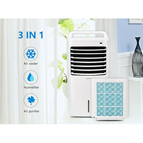 Aigostar Kohl 33JTJ - Climatizador Portatil con Mando a Distancia, 60W, Oscilante, 3 Nodos y 3 Velocidades, 7h Temporizador, Enfriador de Aire, 2 Cajas hielo, Depósito de 15L