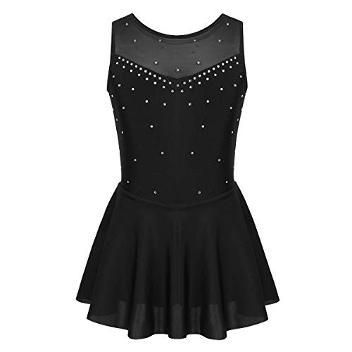 Aislor Niñas Vestido de Patinaje Artístico Maillot de Gimnasia Elástico sin Mangas con Diamantes Leotardo Monos de Baile Infantil Traje Ropa de Patinador Vestido de Danza Negro 11-12 años