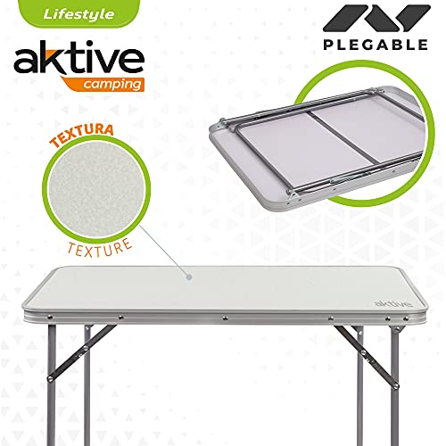 Aktive 52814 - Mesa camping plegable, Mesa ligera, patas plegables, 80x60x70 cm, madera MDF, estructura de acero, color blanco, asa de transporte