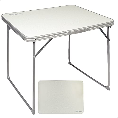 Aktive 52814 - Mesa camping plegable, Mesa ligera, patas plegables, 80x60x70 cm, madera MDF, estructura de acero, color blanco, asa de transporte