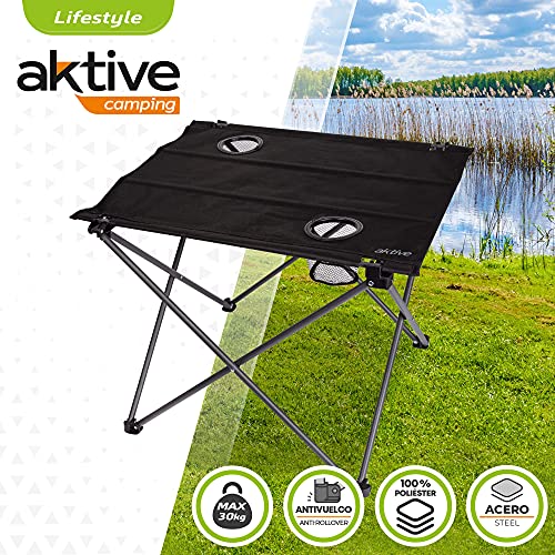 Aktive 52843 - Mesa textil de camping, Mesa plegable, Mesa ligera para camping, 61x53x51 cm, soporta 30 kg, patas de acero, tacos antivuelco, color negro Camping