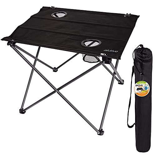 Aktive 52843 - Mesa textil de camping, Mesa plegable, Mesa ligera para camping, 61x53x51 cm, soporta 30 kg, patas de acero, tacos antivuelco, color negro Camping