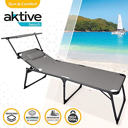 Aktive 62613 - Tumbona plegable de playa con parasol, Tumbona de playa con cojín, 193 x 67 x 85 cm, altura del asiento 48 cm, color gris, tumbona plegable, 5 posiciones, peso máx 100 kg, Aktive Beach