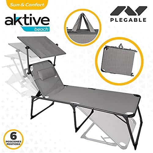 Aktive 62613 - Tumbona plegable de playa con parasol, Tumbona de playa con cojín, 193 x 67 x 85 cm, altura del asiento 48 cm, color gris, tumbona plegable, 5 posiciones, peso máx 100 kg, Aktive Beach