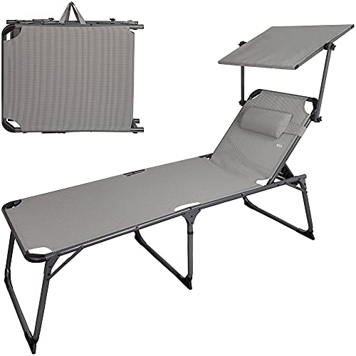 Aktive 62613 - Tumbona plegable de playa con parasol, Tumbona de playa con cojín, 193 x 67 x 85 cm, altura del asiento 48 cm, color gris, tumbona plegable, 5 posiciones, peso máx 100 kg, Aktive Beach