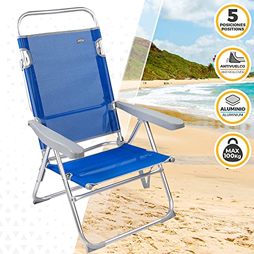 Aktive 62621 - Silla plegable playa, Aktive Beach, 63 x 57 x 99 cm, Silla reclinable, 5 posiciones, Silla alta, altura asiento 33 cm, asa de transporte, Sillas de playa plegables ligeras