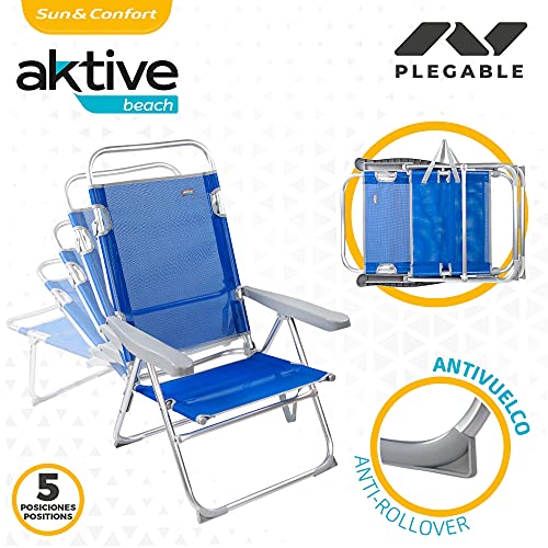 Aktive 62621 - Silla plegable playa, Aktive Beach, 63 x 57 x 99 cm, Silla reclinable, 5 posiciones, Silla alta, altura asiento 33 cm, asa de transporte, Sillas de playa plegables ligeras