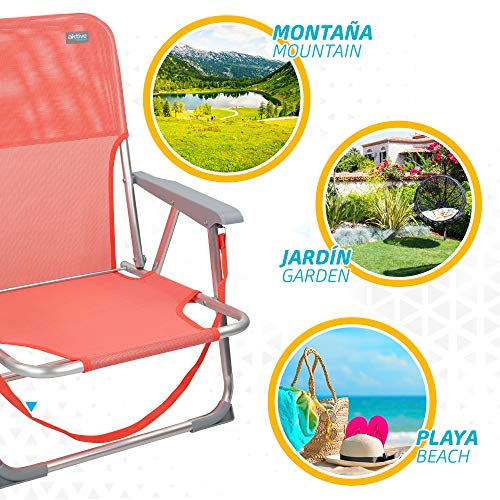 Aktive 62625 - Silla de playa plegable, 55x35x72 cm, Aktive Beach, color coral, Silla plegable baja, Tubos de aluminio, Asa de transporte, peso máximo 100 Kg, con topes antivuelco