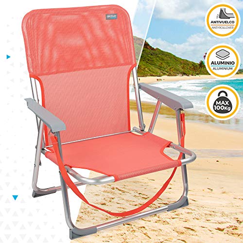 Aktive 62625 - Silla de playa plegable, 55x35x72 cm, Aktive Beach, color coral, Silla plegable baja, Tubos de aluminio, Asa de transporte, peso máximo 100 Kg, con topes antivuelco