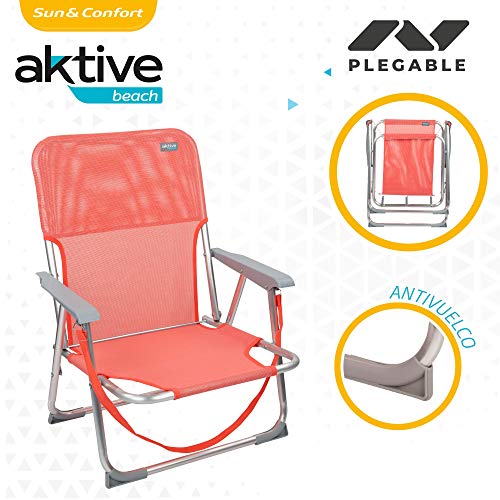 Aktive 62625 - Silla de playa plegable, 55x35x72 cm, Aktive Beach, color coral, Silla plegable baja, Tubos de aluminio, Asa de transporte, peso máximo 100 Kg, con topes antivuelco