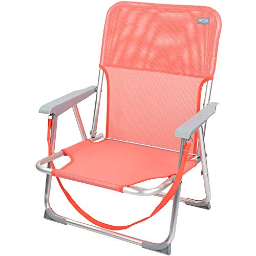 Aktive 62625 - Silla de playa plegable, 55x35x72 cm, Aktive Beach, color coral, Silla plegable baja, Tubos de aluminio, Asa de transporte, peso máximo 100 Kg, con topes antivuelco