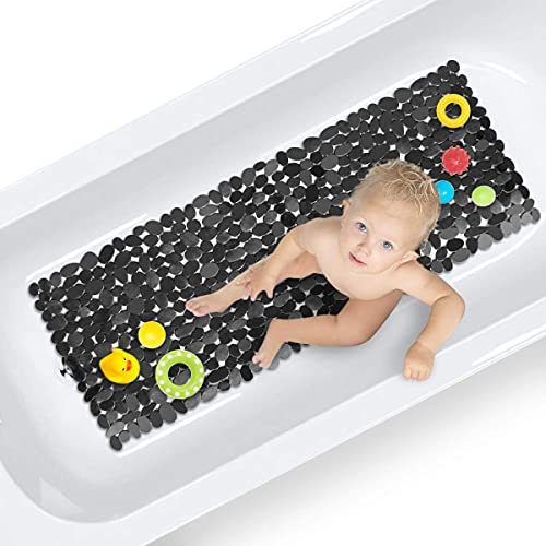 Alfombra de Bañera Antideslizante Alfombrilla de Baño Piedra Alfombra para Ducha con Ventosas para Cocina Niños Ancianos, Resistentes al Moho, Antibacterial, Lavable a Máquina, Larga 88 x 40cm Negro