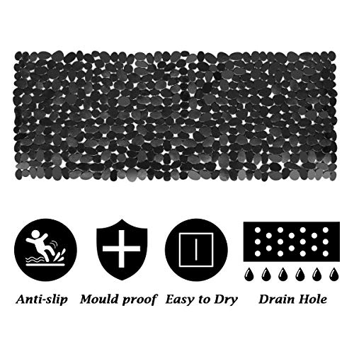 Alfombra de Bañera Antideslizante Alfombrilla de Baño Piedra Alfombra para Ducha con Ventosas para Cocina Niños Ancianos, Resistentes al Moho, Antibacterial, Lavable a Máquina, Larga 88 x 40cm Negro