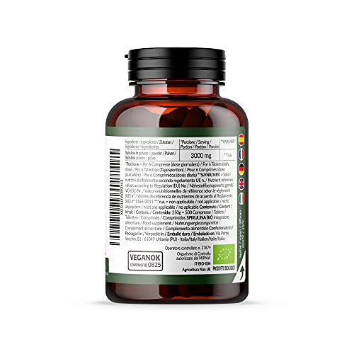 Alga Espirulina Ecológica en Comprimidos de 500mg (500 Tabletas). Orgánica, Natural y Pura, Ficocianina 17%. Cultivada en India en Tamil Nadu. Apto para vegetarianos y veganos. NATURALEBIO