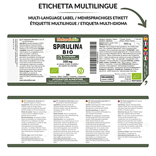 Alga Espirulina Ecológica en Comprimidos de 500mg (500 Tabletas). Orgánica, Natural y Pura, Ficocianina 17%. Cultivada en India en Tamil Nadu. Apto para vegetarianos y veganos. NATURALEBIO