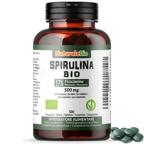 Alga Espirulina Ecológica en Comprimidos de 500mg (500 Tabletas). Orgánica, Natural y Pura, Ficocianina 17%. Cultivada en India en Tamil Nadu. Apto para vegetarianos y veganos. NATURALEBIO