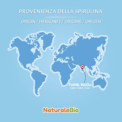 Alga Espirulina Ecológica En Polvo 400g. Orgánica, Natural y Pura, Cultivada en India en Tamil Nadu. Ideal en bebidas y batidos, o recetas. Apto para vegetarianos y veganos. NaturaleBio