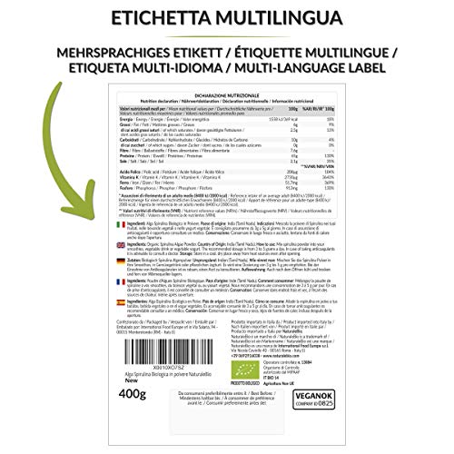 Alga Espirulina Ecológica En Polvo 400g. Orgánica, Natural y Pura, Cultivada en India en Tamil Nadu. Ideal en bebidas y batidos, o recetas. Apto para vegetarianos y veganos. NaturaleBio