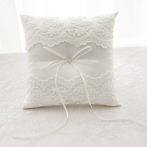 Almohada Awtlife de encaje para anillos de boda, de color perla marfil, 21 cm