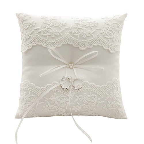 Almohada Awtlife de encaje para anillos de boda, de color perla marfil, 21 cm