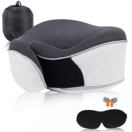 Almohada cervical de viaje comprimible de alta calidad para viajes, con antifaz para dormir y tapones para los oídos, para tren, avión, coche, barco