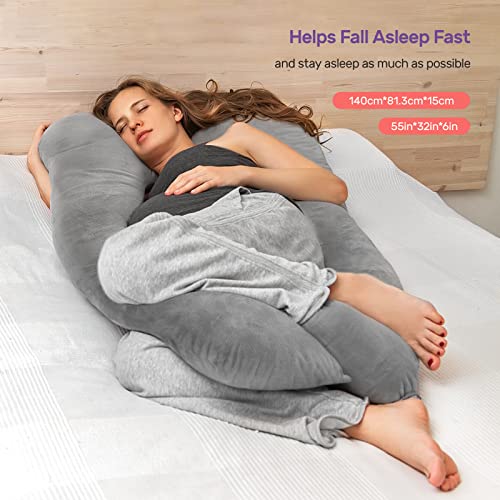 Almohada de Embarazo,Nuliie Almohada de Cuerpo Completo en Forma de U,Almohada de Embarazo para Dormir,Soporte de Almohada de Maternidad de 55 Pulgadas para Espalda y Caderas,con Funda Lavable