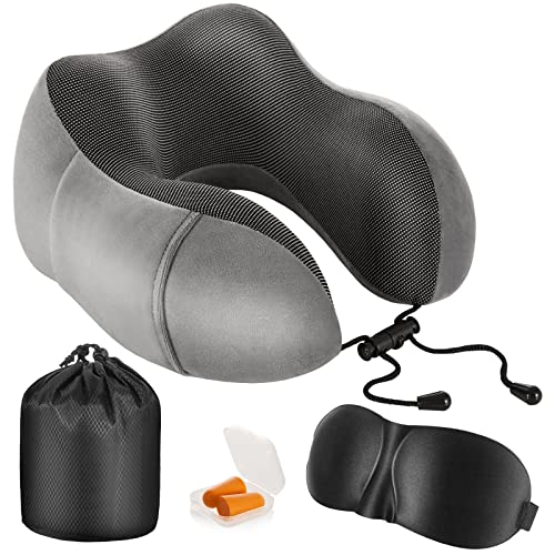 Almohada de Viaje para Cuello, Almohada Cervical para Avión y Coche, Viscoelastica de Espuma Memoria, Cojin de Viaje Cuello, con Máscara de Ojos, Tapones y Bolsa con Cordón (Gris Oscuro)