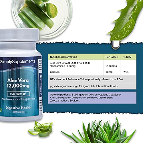 Aloe Vera 12,000mg Extra Fuerte - ¡Bote para 3 meses! - Apto para veganos -180 Comprimidos - SimplySupplements