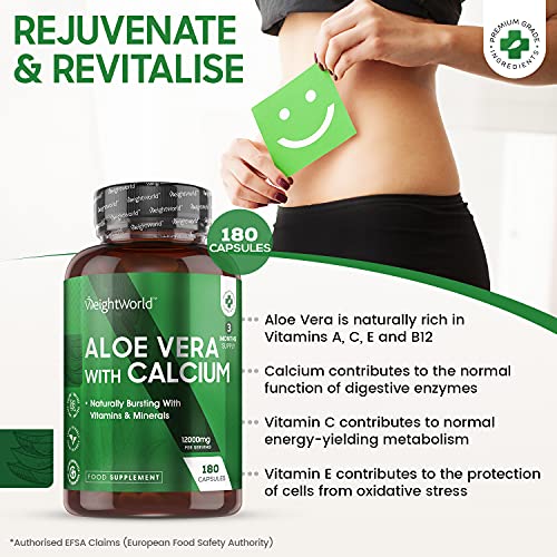 Aloe Vera Cápsulas Puro Concentrado Potente de 12000mg 180 Cápsulas Vegano - Enriquecido Con Calcio, Suplemento Detox y Depurativo Fuente de Vitamina A, Vitamina C, Vitamina E, Magnesio y Potasio