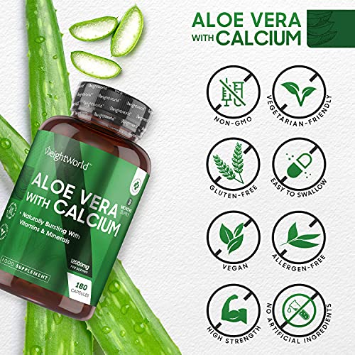 Aloe Vera Cápsulas Puro Concentrado Potente de 12000mg 180 Cápsulas Vegano - Enriquecido Con Calcio, Suplemento Detox y Depurativo Fuente de Vitamina A, Vitamina C, Vitamina E, Magnesio y Potasio