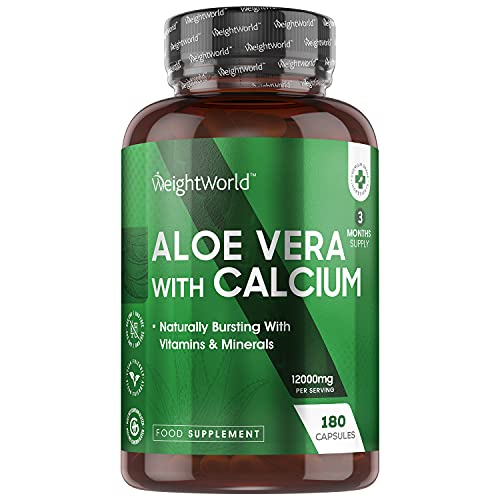 Aloe Vera Cápsulas Puro Concentrado Potente de 12000mg 180 Cápsulas Vegano - Enriquecido Con Calcio, Suplemento Detox y Depurativo Fuente de Vitamina A, Vitamina C, Vitamina E, Magnesio y Potasio