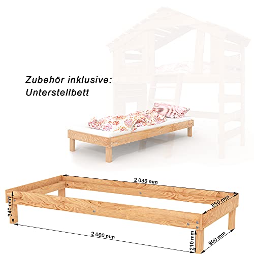 Alpin Chalet - Cama alta infantil doble de madera maciza natural 100% biológica (accesorio opcional, con puerta superior)